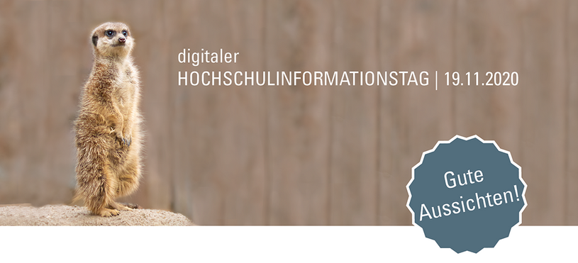 Bild von einem Erdmännchen mit der Überschrift "Digitaler Hochschulinformationstag | 19.11.2020" und der Aussage "Gute Aussichten!"