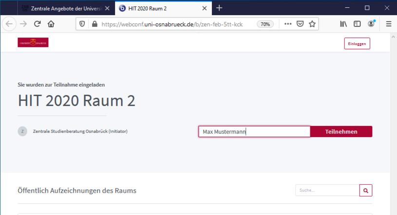 Screenshot des Eingabefeldes für den Namen in Big Blue Button (BBB)