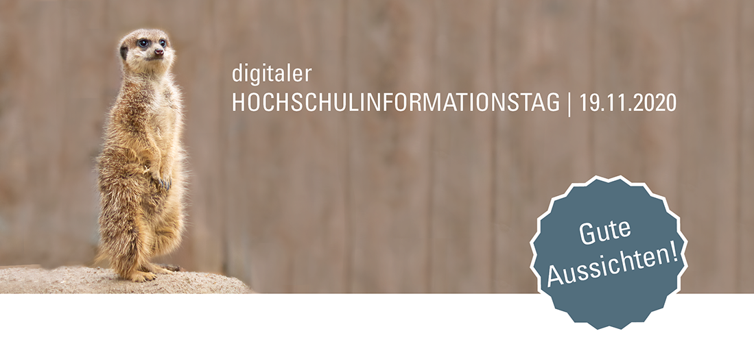 Bild von einem Erdmännchen mit der Überschrift "Digitaler Hochschulinformationstag | 19.11.2020" und der Aussage "Gute Aussichten!"